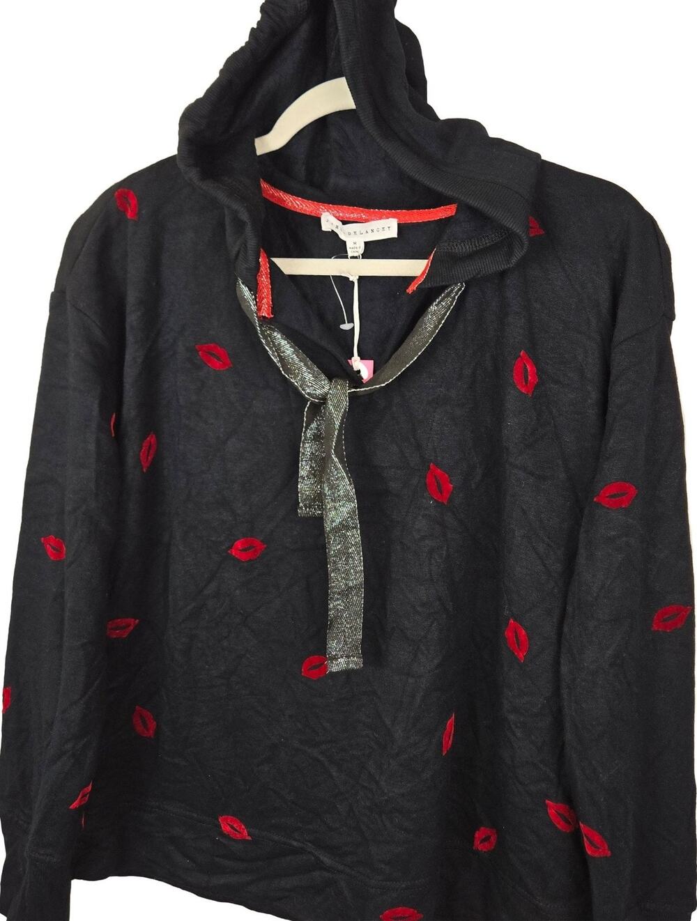 Jane + Delancey Hoodie BIG RED LIPS Black Women's Size M Lightweight COQUETTE NW